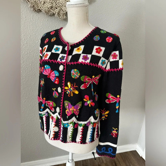 Michael Simon Butterfly Bugs Colorful Pop Art Knit Cardigan Sweater S-M Women - Picture 5 of 11